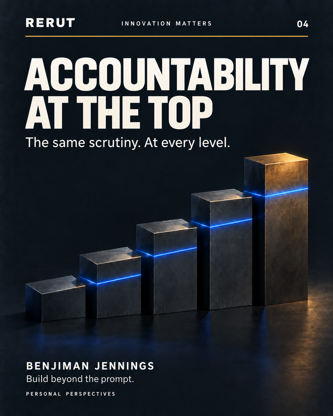 Blue light crosses five ascending titanium platforms, beneath Accountability at the Top.
