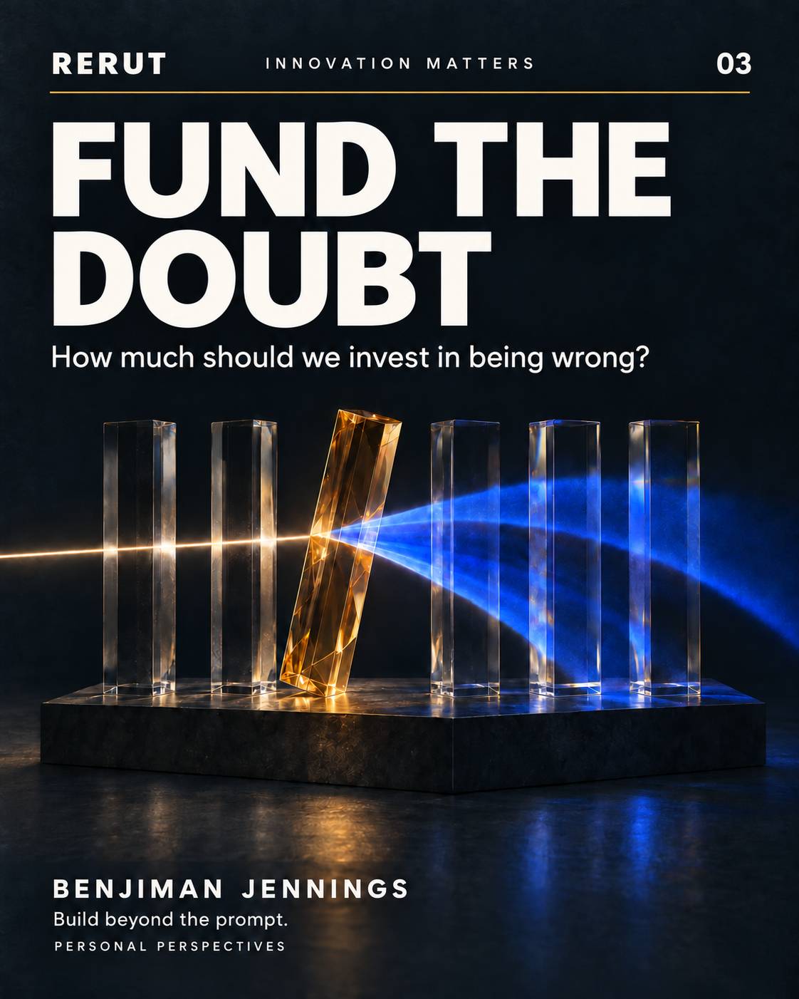 An amber crystal redirects light among aligned glass columns, beneath Fund the Doubt.