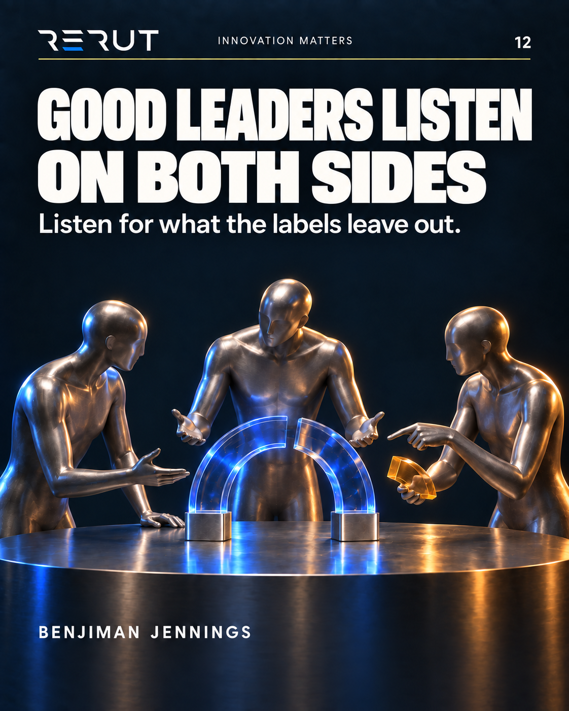 Three titanium figures gather around an unfinished cobalt-glass arch; one presents the form, another points to its missing joint while holding an amber component, and the central figure attends to both. Conceptual illustration beneath Good Leaders Listen on Both Sides, RERUT / Innovation Matters 12, with Benjiman Jennings credited below; not an observed workplace or engineering specification.