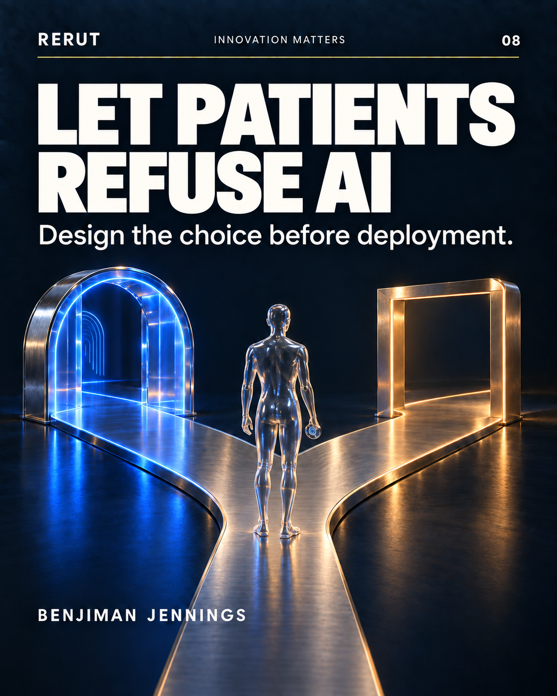 Conceptual glass human figure at a fork in a titanium walkway, facing a cobalt-lit scanning arch and an open amber-edged alternative doorway, beneath the title Let Patients Refuse AI; a metaphor for patient choice, not a clinical diagram.