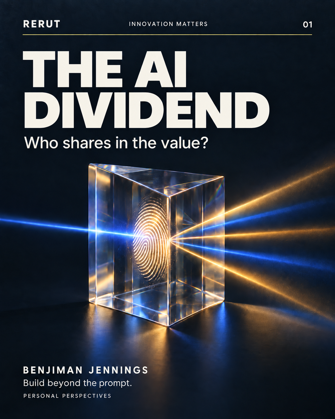 A glass prism containing a fingerprint splits blue and amber light, beneath the title The AI Dividend.