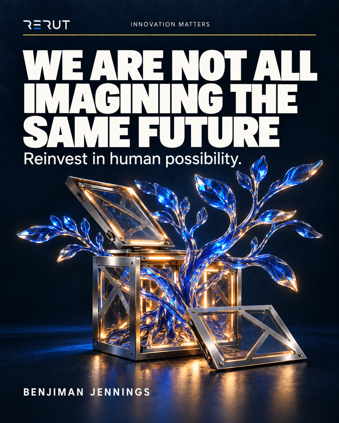 An open titanium cube supports branching cobalt glass growth, representing reinvestment in human possibility. Approved RERUT Art B with the title We Are Not All Imagining the Same Future and Benjiman Jennings.
