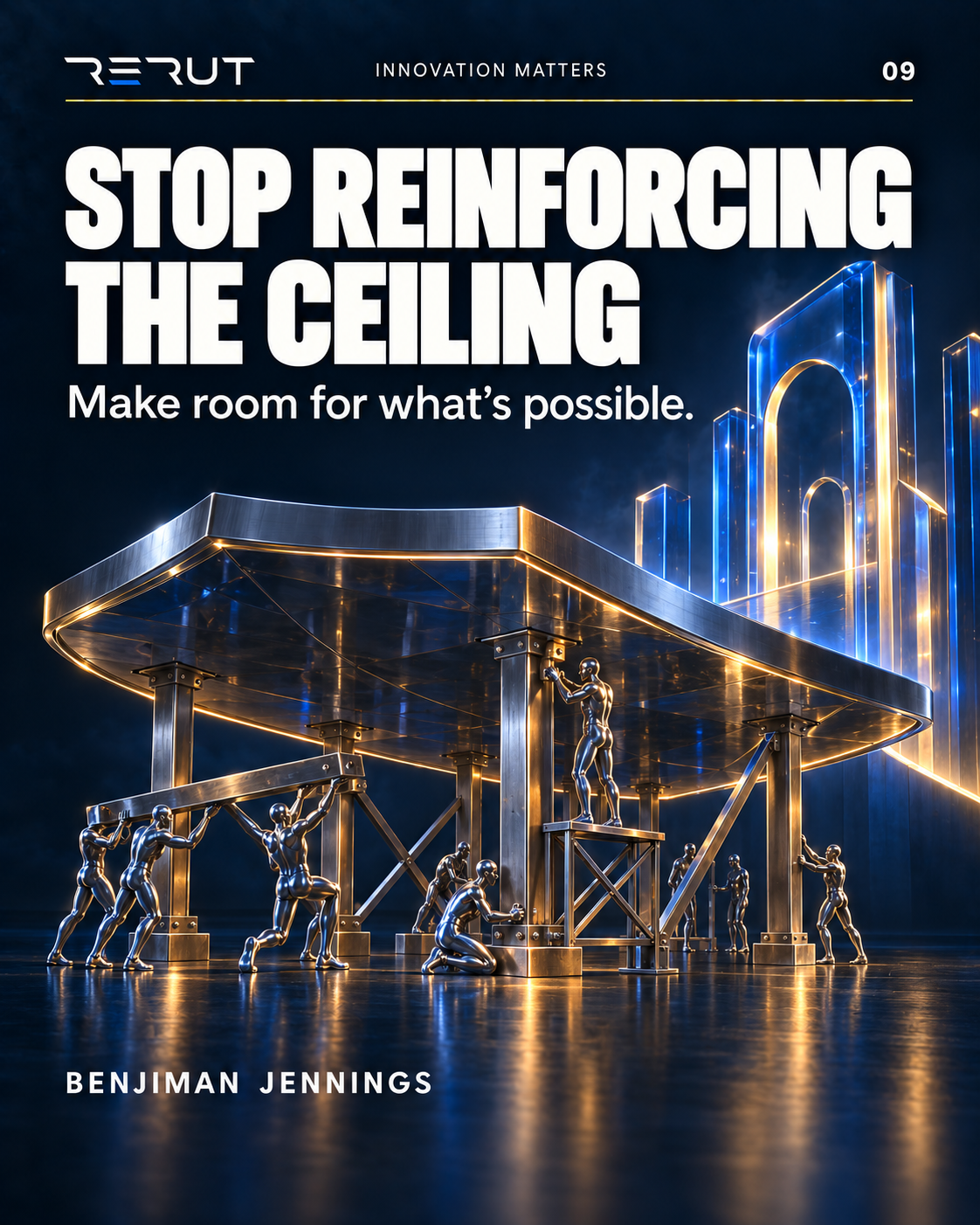 Conceptual teams reinforce a glass and titanium shield canopy from below, with ascending illuminated architecture outside the enclosure representing unexplored possibilities.